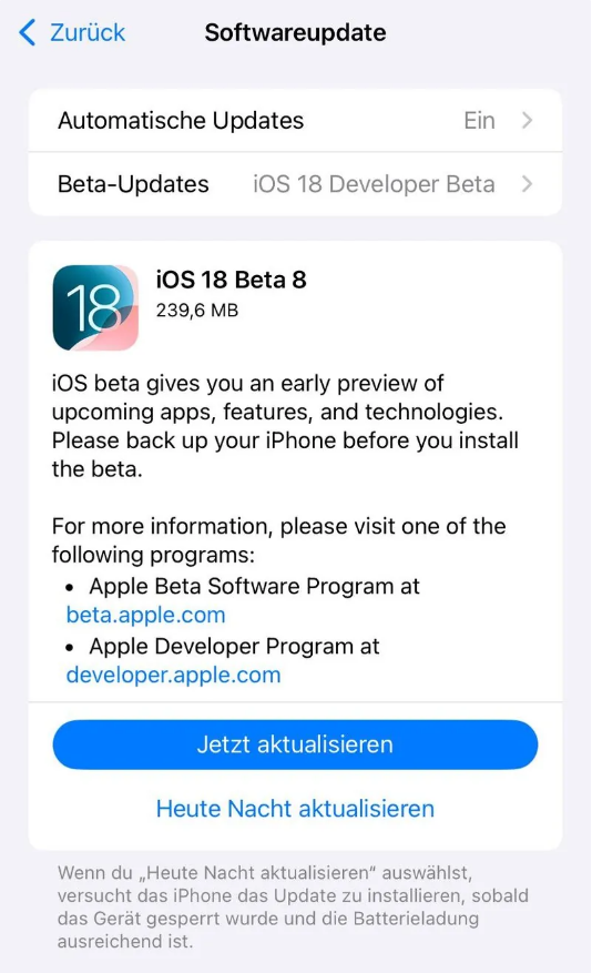 溆浦苹果手机维修分享苹果 iOS / iPadOS 18 开发者预览版 Beta 8 发布 